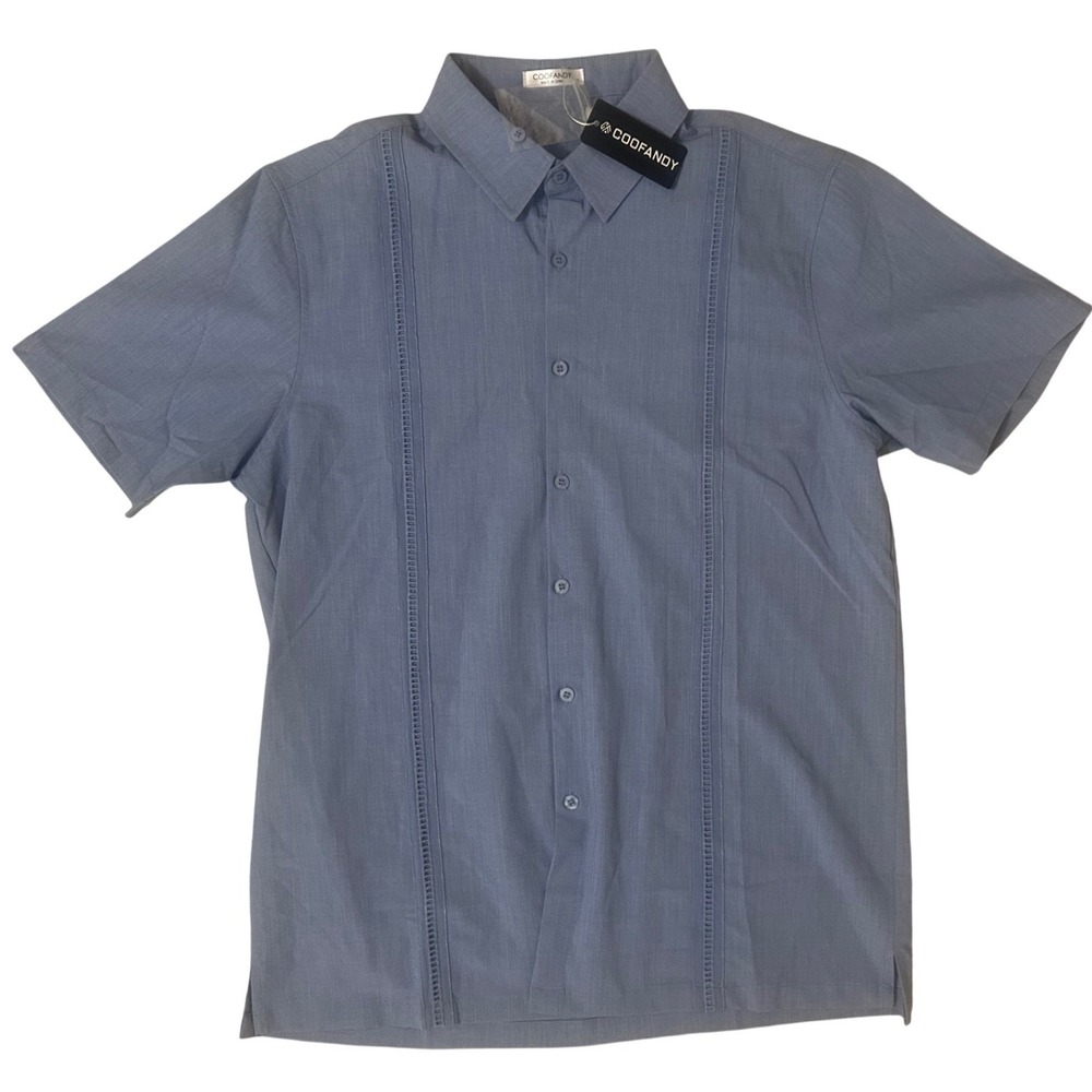 COOFANDY Guayabera Shirt Mens M Blue New Short Sleeve Cuban Beach Wedding